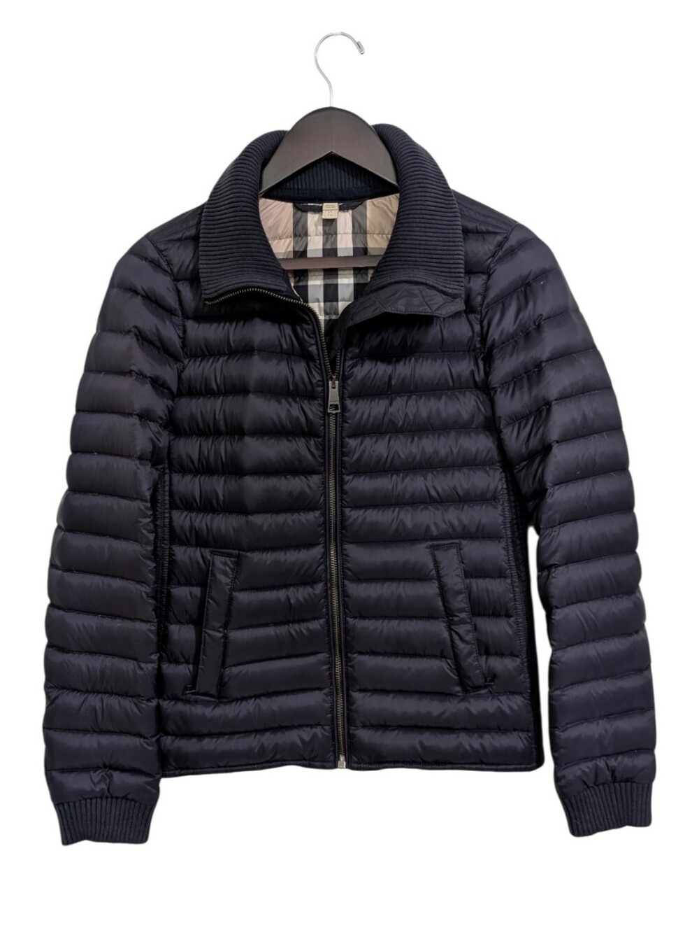 Burberry Navy Down Puffer Jacket with Nova Check Lining - Size XS